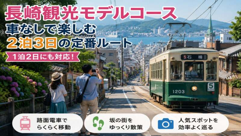 長崎の坂の街と路面電車を眺めながら車なしで観光を楽しむ旅行者のイメージ