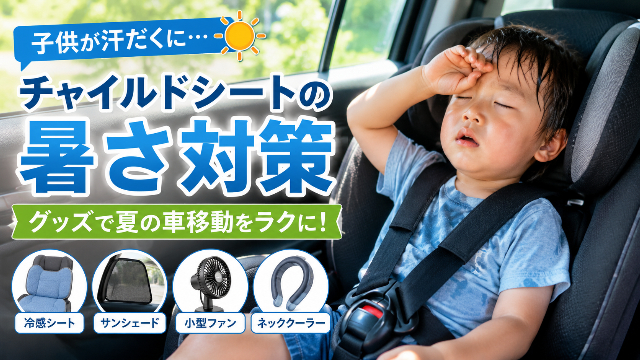 夏の車移動でチャイルドシートが暑くなり汗だくになる子供と暑さ対策をする家族のイメージ