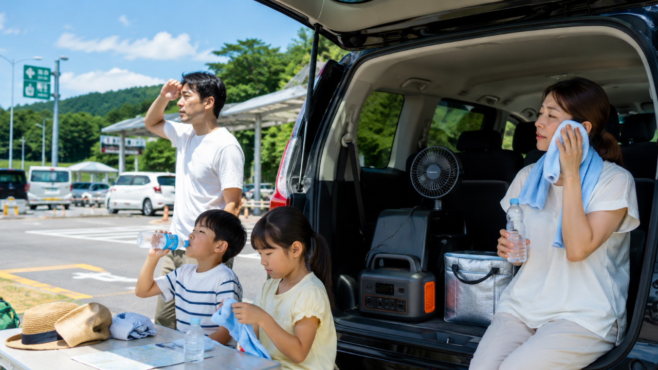 酷暑時代の長距離移動や停電対策をイメージした夏の暑さ対策風景画像