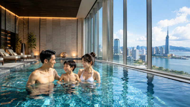 高級ホテルの屋内プールで過ごす日本人家族