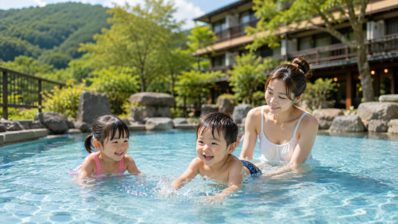 温泉リゾートで遊ぶ小さな子供連れ家族イメージ