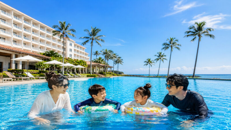 海辺リゾートホテルのプールで夏休みを楽しむ日本人家族