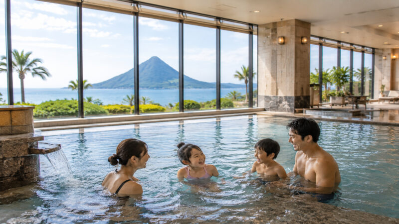 開聞岳を望む温泉リゾート風ホテルで家族旅行を楽しむ日本人家族