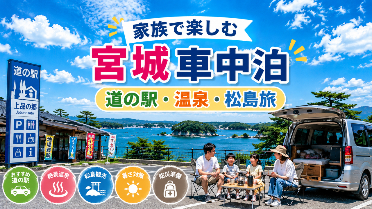 宮城・仙台エリアの車中泊旅で、道の駅・松島観光・温泉・家族旅行を紹介するアイキャッチ画像