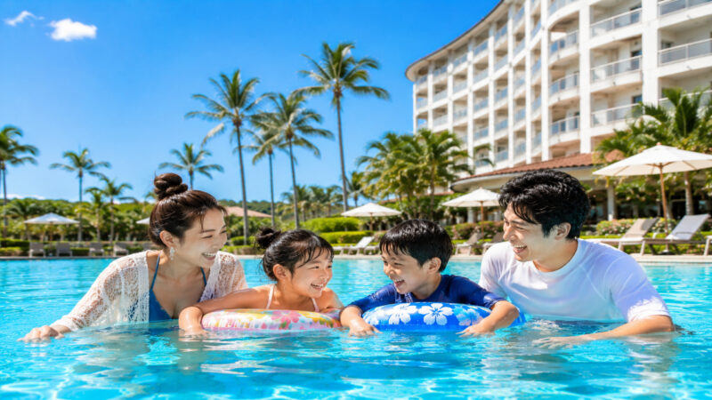 宮崎のリゾートホテルプールで夏休みを満喫する日本人家族