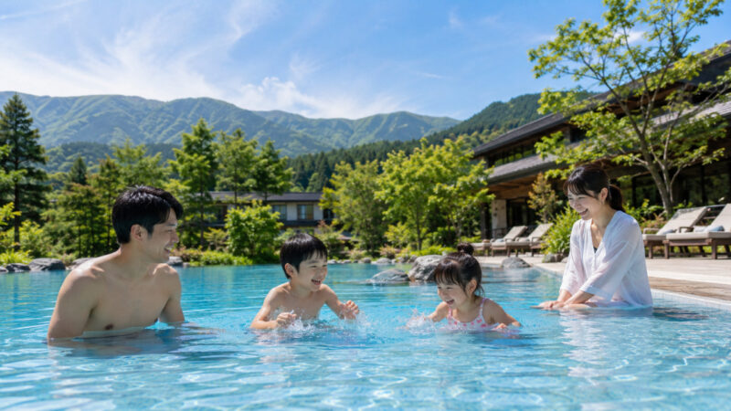 自然に囲まれたスパリゾートを楽しむ家族旅行イメージ