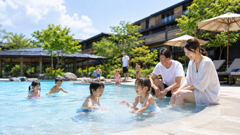 温泉リゾートで夏旅行を楽しむ家族イメージ