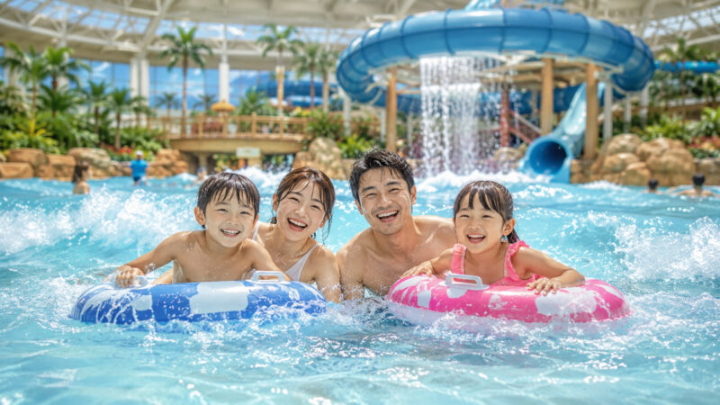 大分 プール付きホテル 子連れ ウォータースライダーで遊ぶ家族