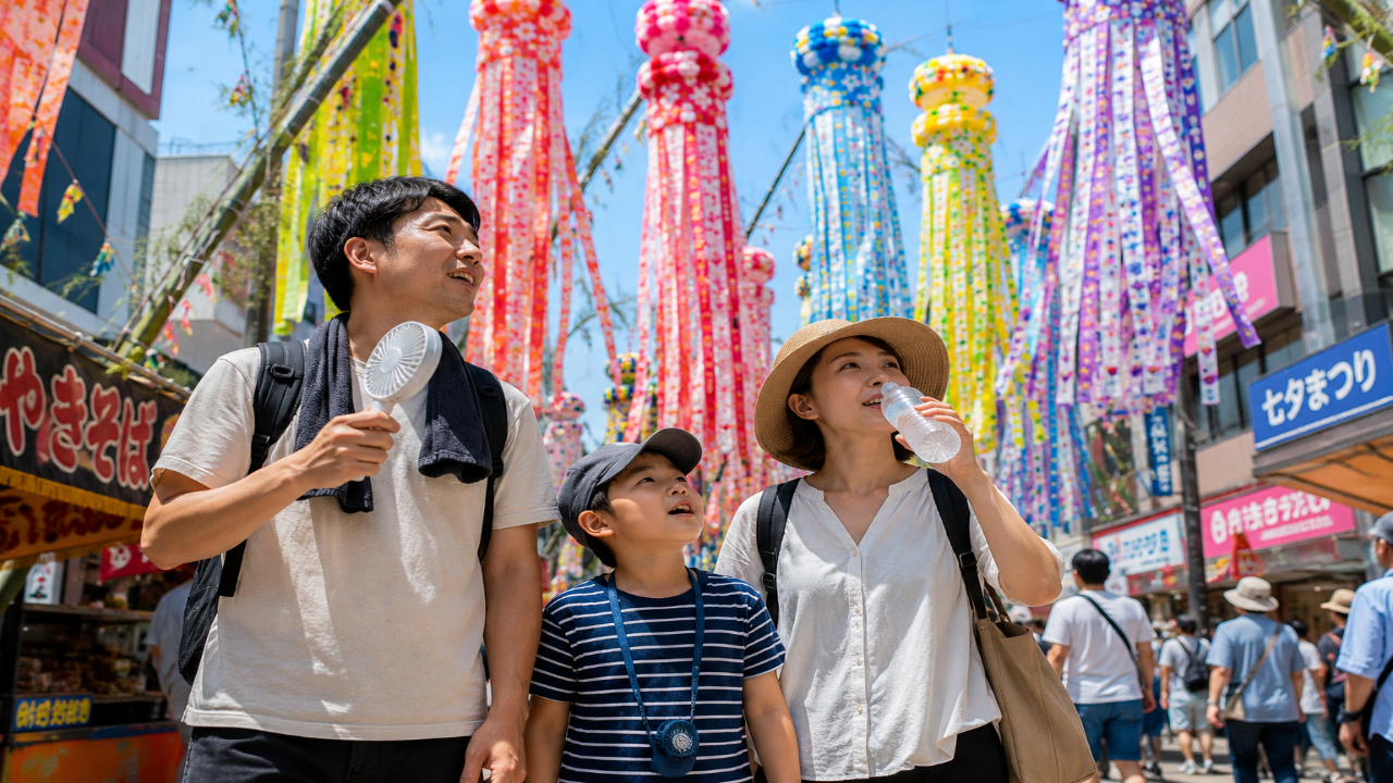 仙台七夕まつりを子連れ家族で楽しみながら暑さ対策をして観光するイメージ