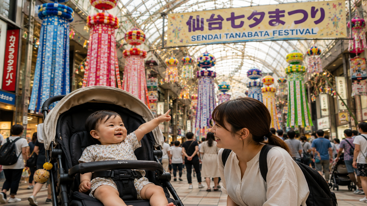 仙台七夕まつりを子連れで楽しむ様子と赤ちゃん連れ家族旅行のイメージ