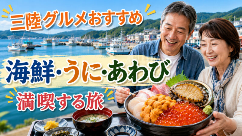 三陸の海鮮丼とうにやあわびを楽しむ50代60代夫婦の旅行イメージ