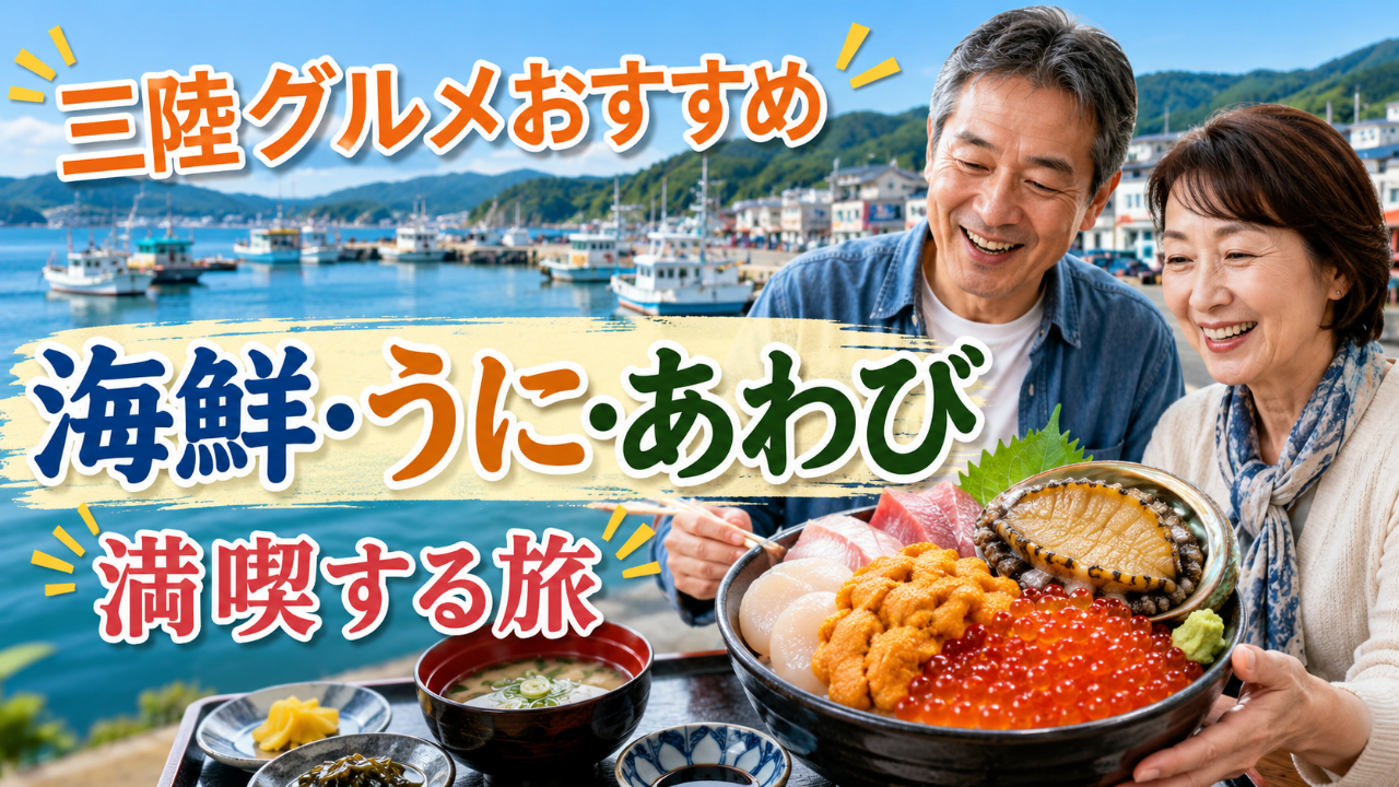 三陸の海鮮丼とうにやあわびを楽しむ50代60代夫婦の旅行イメージ