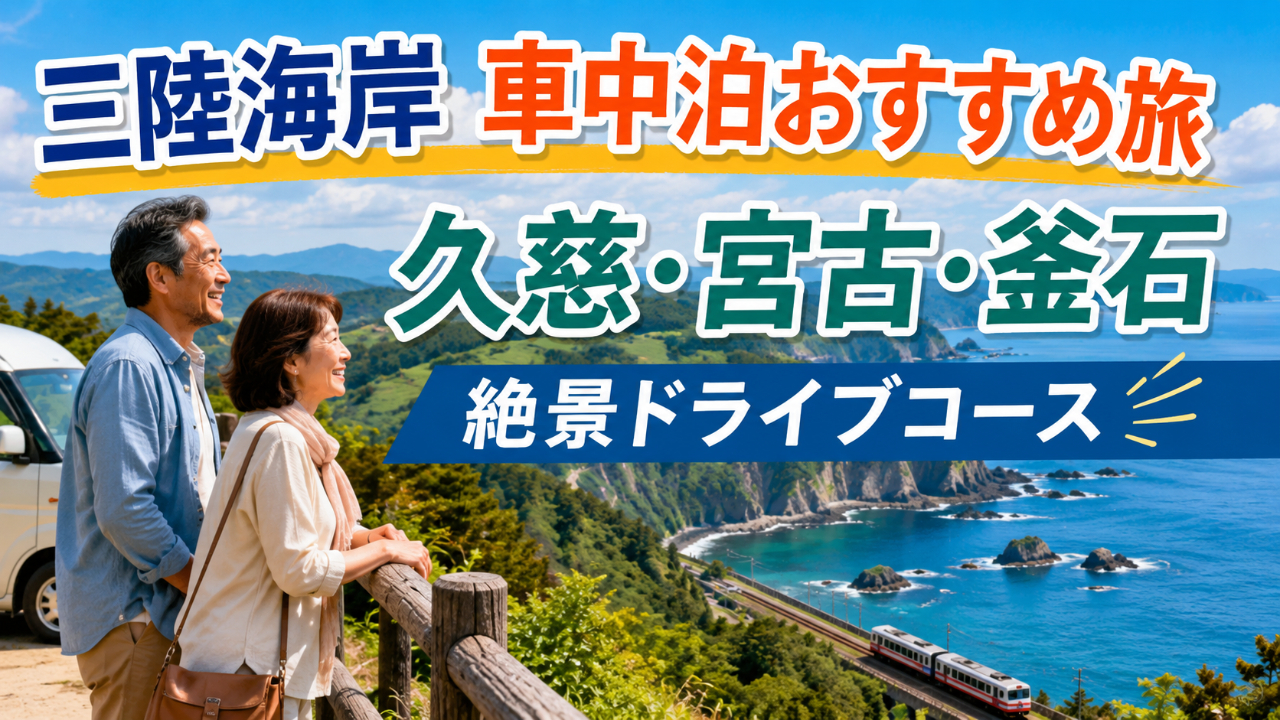 三陸海岸の絶景を眺めながら車中泊旅を楽しむ40代50代夫婦のイメージ