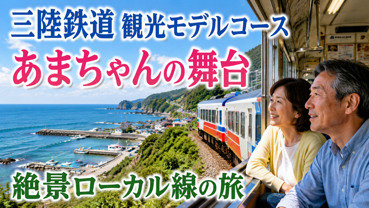 三陸鉄道から三陸海岸の景色を楽しむ50代60代夫婦の観光イメージ