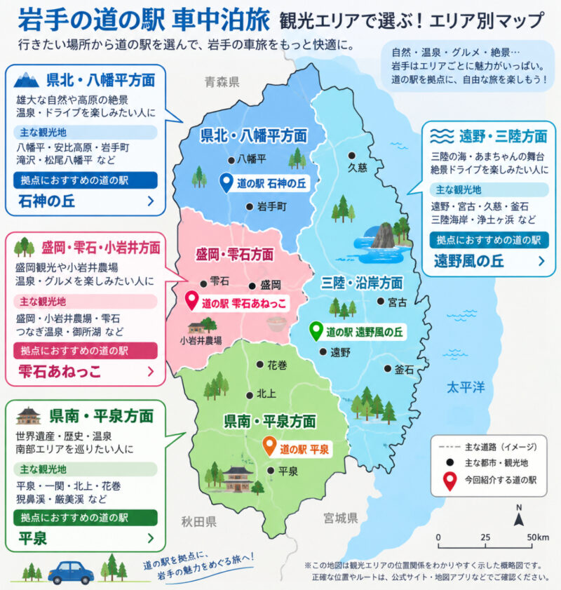 岩手の道の駅を車中泊旅の観光エリア別に選ぶ概略マップ